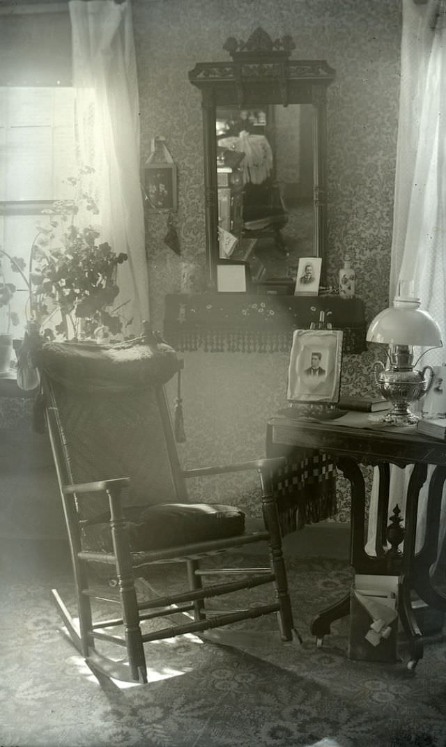 Horack parlor with rocking chair and mirror, circa 1892-1900