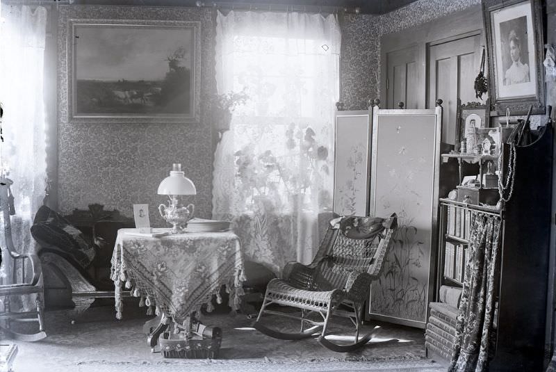Horack parlor with screen and wicker rocking chair, circa 1892-1900