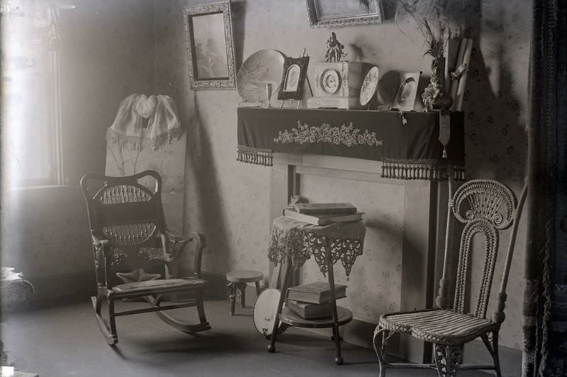 A view of the Horack family's parlor with wicker chair, 1887-1889