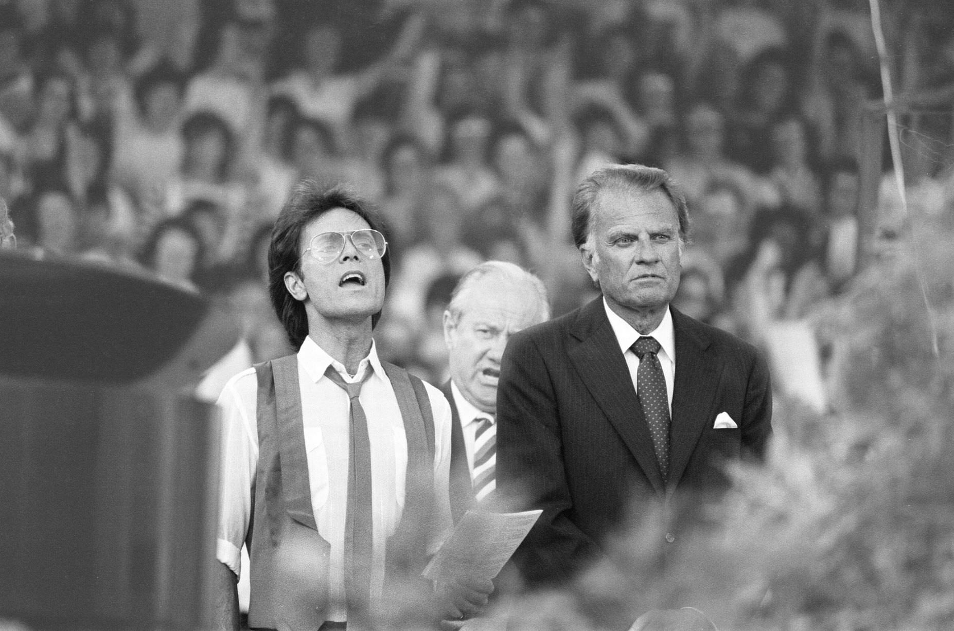 Billy Graham, American Christian evangelist, Mission England Crusade, Villa Park, Birmingham, 6th July 1984, with special guest, singer, Cliff Richard.