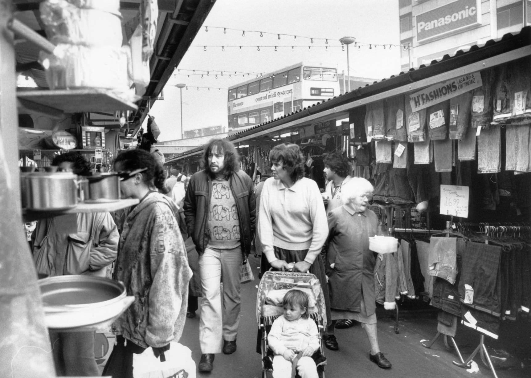 A typical Thursday afternoon in the open air markets in the Bull Ring, 10th December 1987.