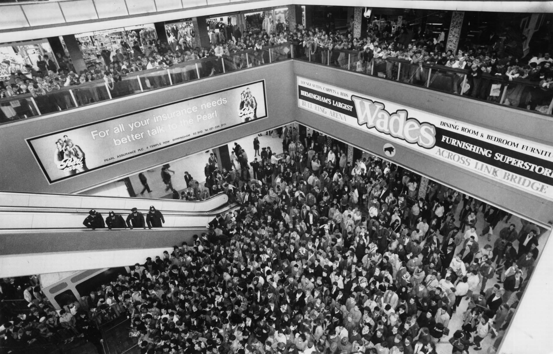 Thousands of young pop fans gather at the Bull Ring Shopping Centre for pop singer Tiffany, 19th January 1988.