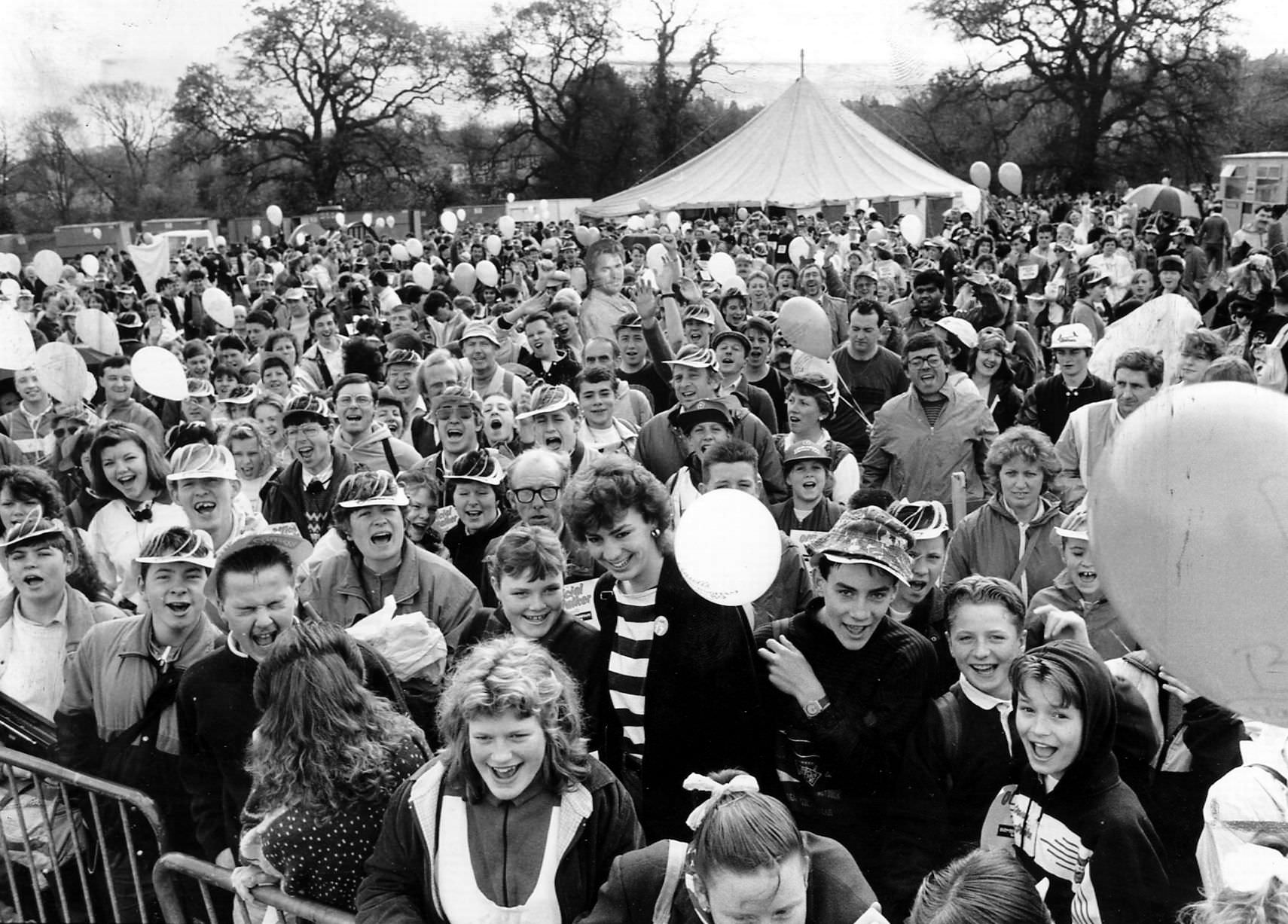 Crowds gather at Sarehole Mill for the start of the Walkathon 30th April 1989.