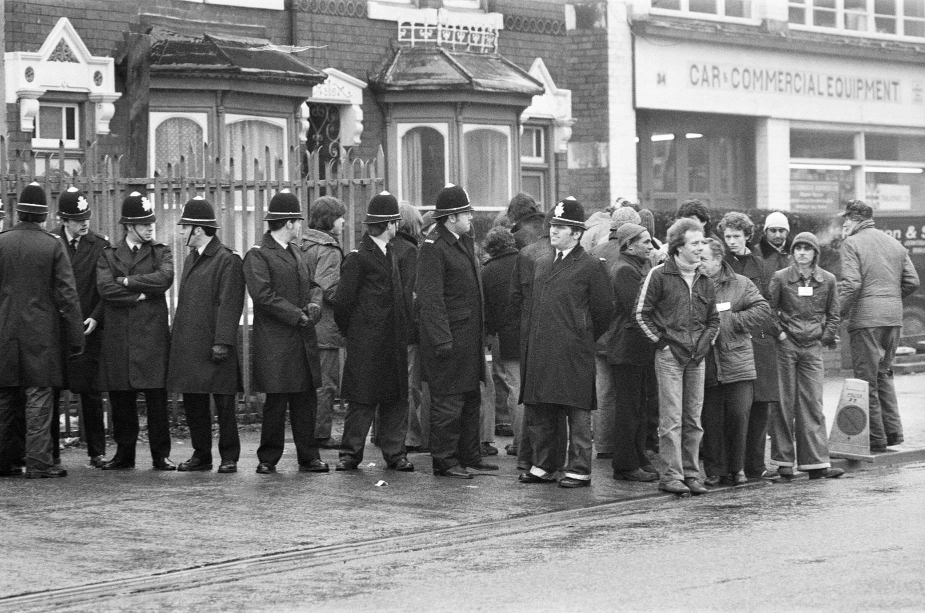 Workers on strike outside Round Oak Steelworks, Brierley Hill, 26th February 1980.