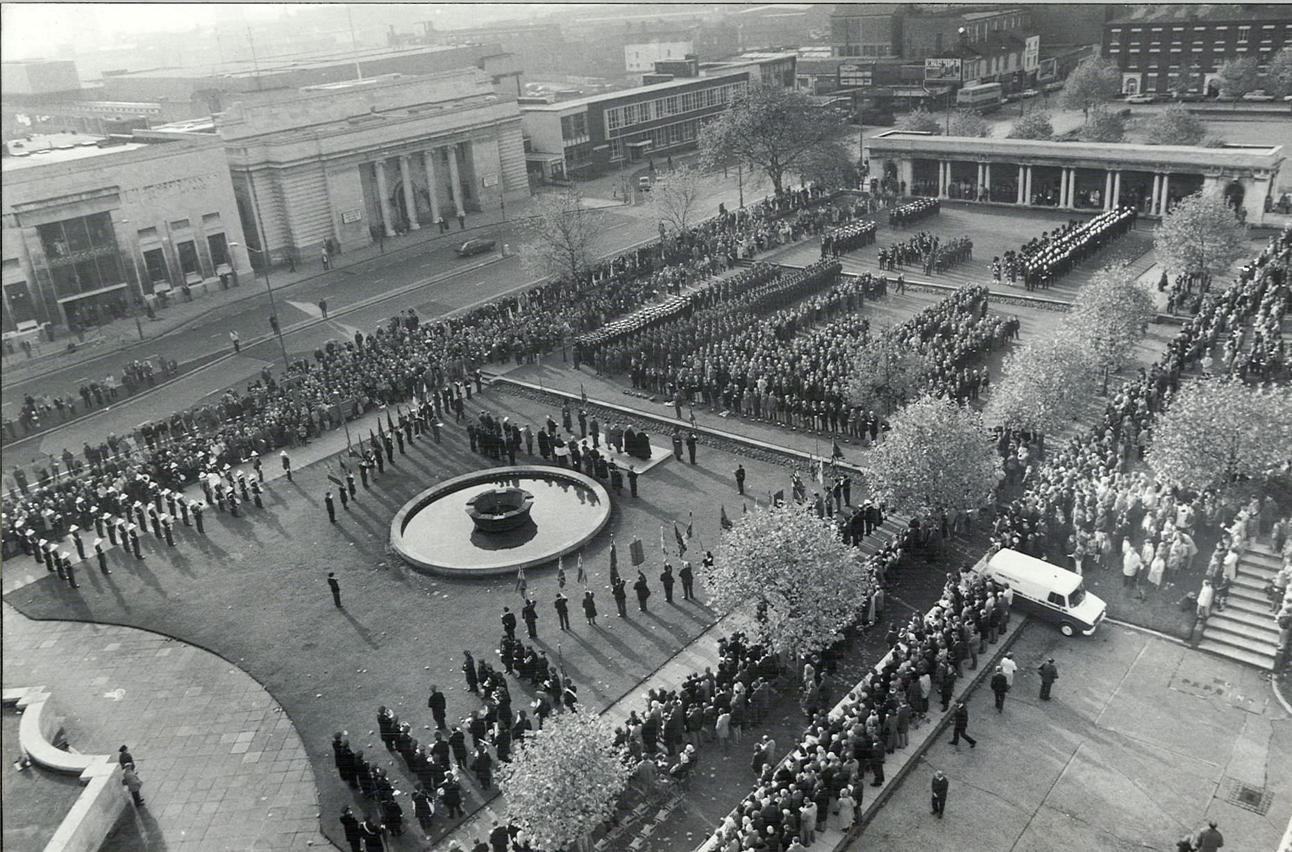 Hundreds of people, including an 80-strong party of sailors from H.M.S. Birmingham, attend the Remembrance Day service at Birmingham Hall of Memory. 6th November 1981.