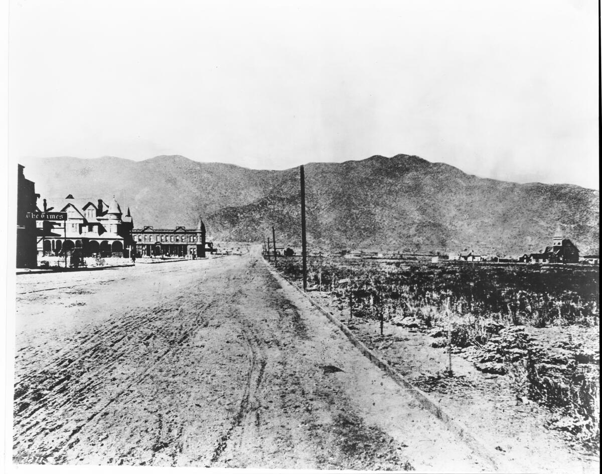 View looking northeast on Olive Street in Burbank, showing the Times building, ca.1898