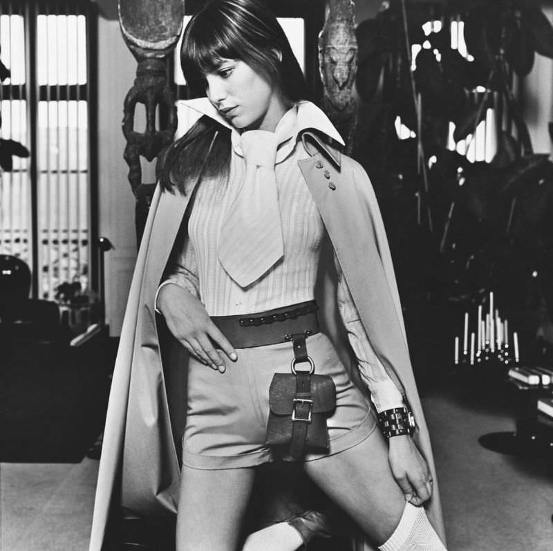 Jane Birkin wearing a white stripped shirt with tie, 1971