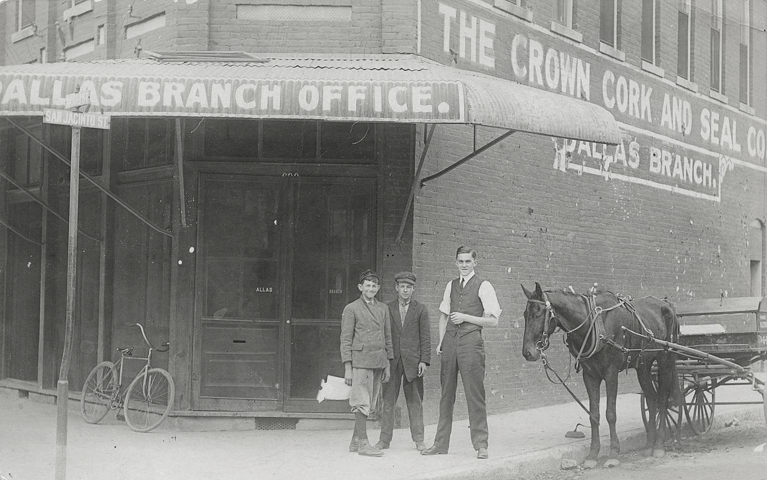Branch office of the Crown Cork & Seal Co. at 600 N. Akard (at San Jacinto), currently the location of the swank Dakota’s Steakhouse,1909