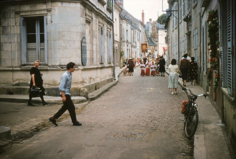 Azay-le-Rideau. Religious procession, Rue Balzac, France, early 1950s