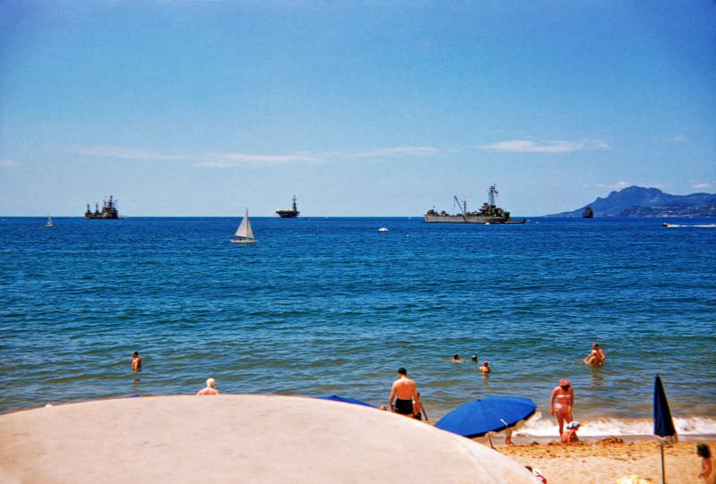 View of the USS Intrepid in the Golfe de la Napoule from Boulevard de la Croisette, Cannes, 1956
