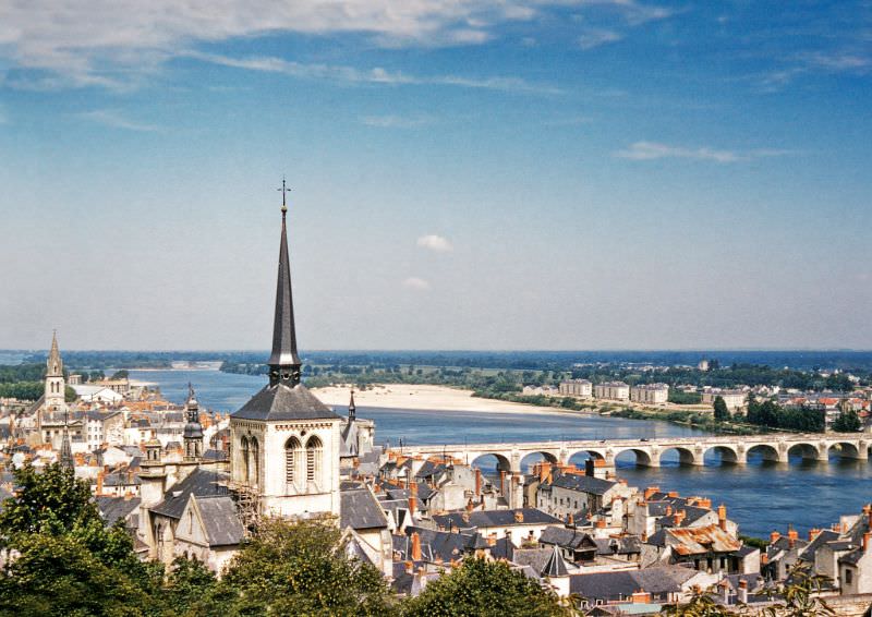 View of the Spire of St Peters Church and the Cessart Bridge from Château de Saumur, Loire Valley, 1958