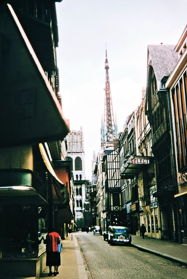 Looking towards the Cathedral, Gros Horloge (Big Clock) Street, France, 1956