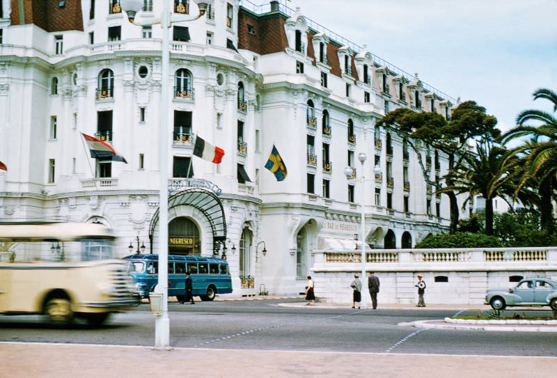 Le Negresco and the garden wall of Villa Massena, Nice, 1956