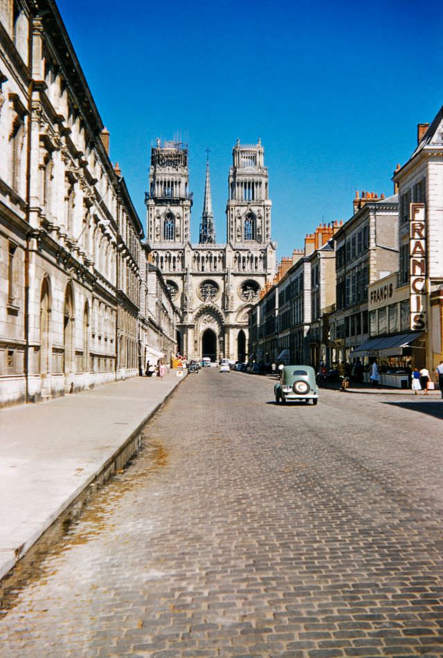 Orléans Cathedral (Basilique Cathédrale Sainte-Croix d'Orléans) from Rue Jeanne d'Arc, 1956