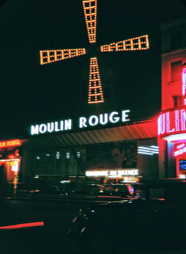 Moulin Rouge at night, Paris, 1956