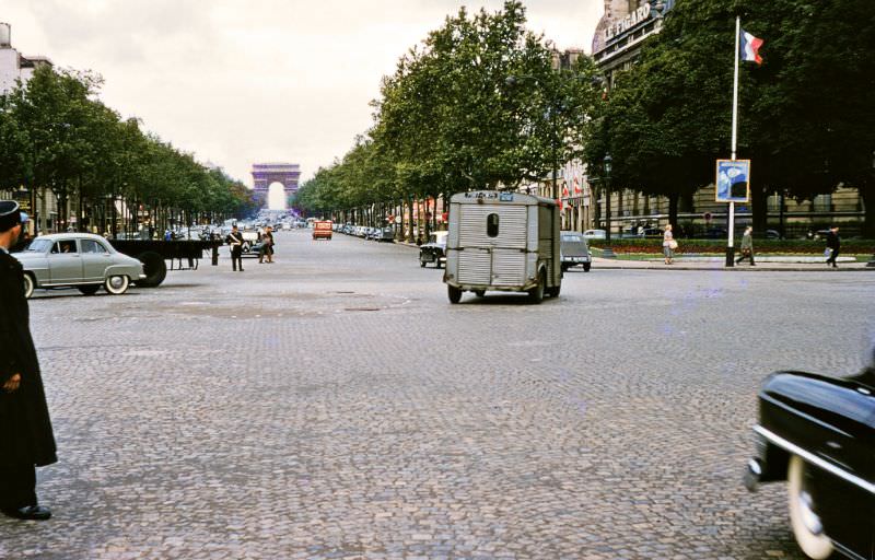 On the Avenue des Champs-Elysees looking toward the Arc de Triomphe, Paris, 1950s