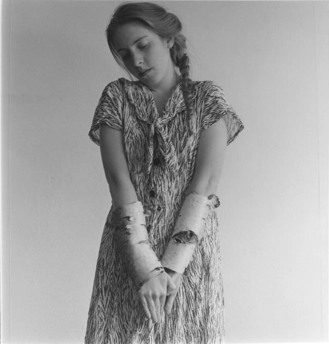 Self-portrait, birch sleeves, 1975