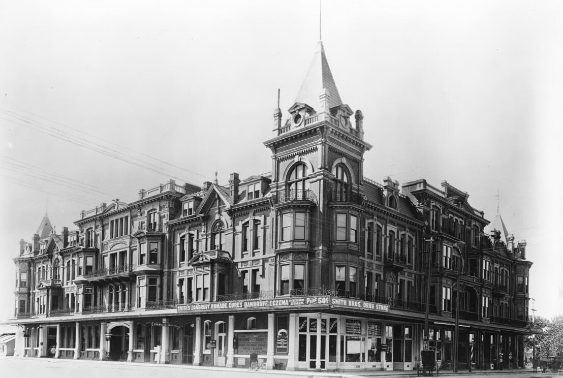 Exterior view of the Hughes Hotel in Fresno, 1890