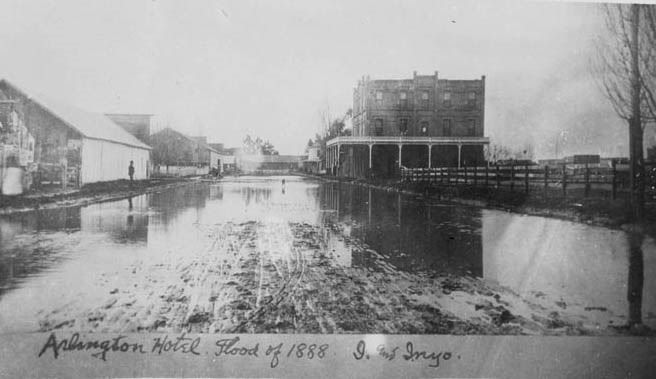 Arlington Hotel Flood of 1888 view from I Inyo streets Fresno, California, 1888