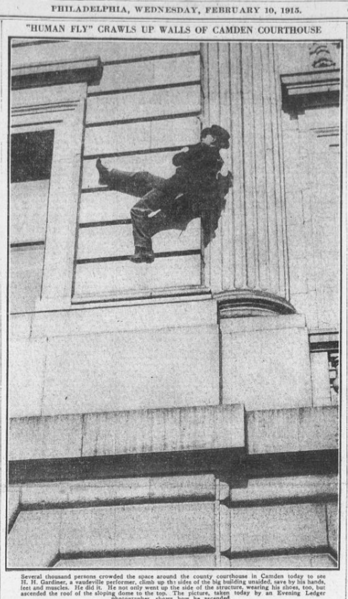 Human Fly crawls up walls of Camden NJ Courthouse, February 10, 1915.