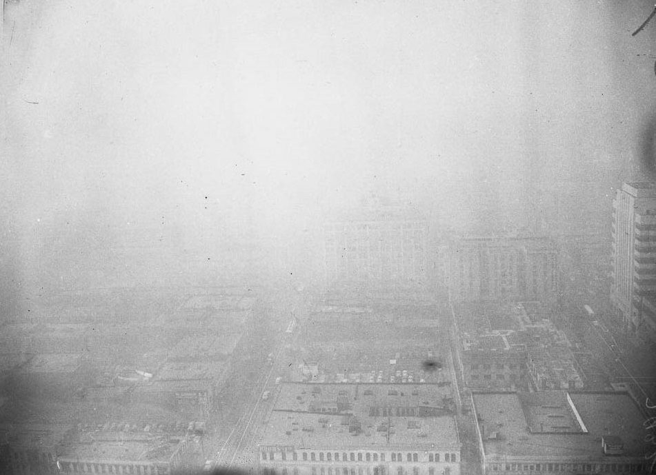 Broadway looking south, City Hall in smog, Hall of Records looking west from City Hall and Views from City Hall tower, 3 September 1948