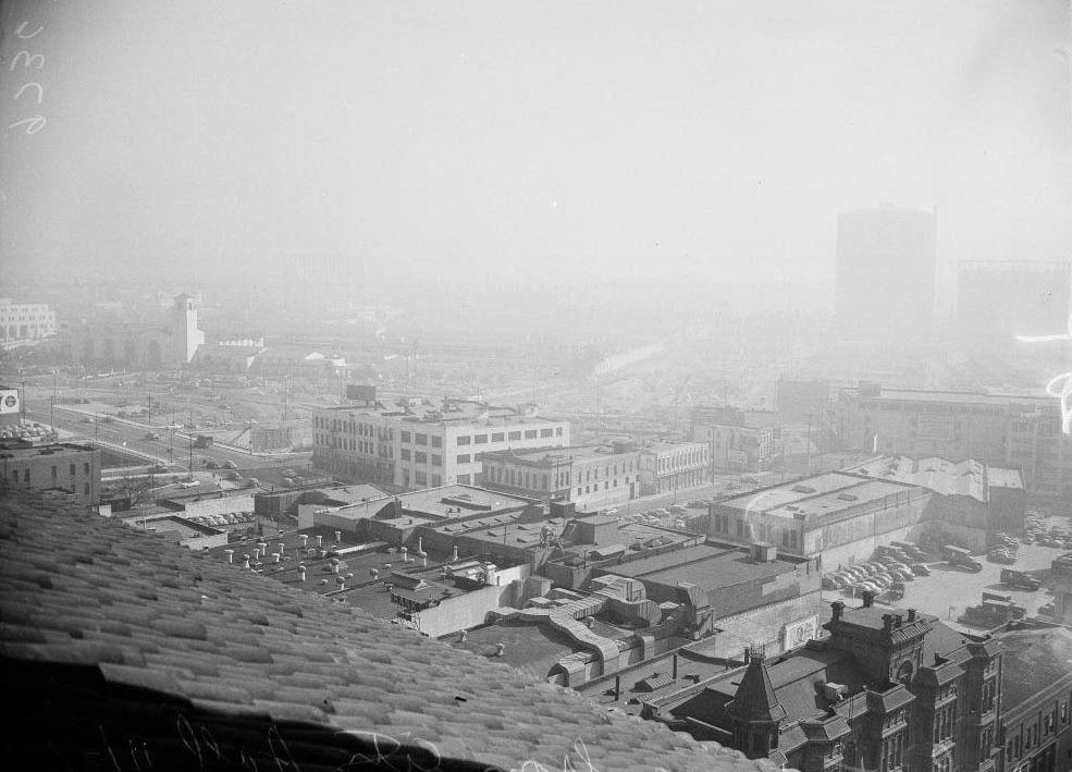 From Broadway at Hollywood Freeway, Federal Building on right, Looking north on Spring from front of City Hall, 1952
