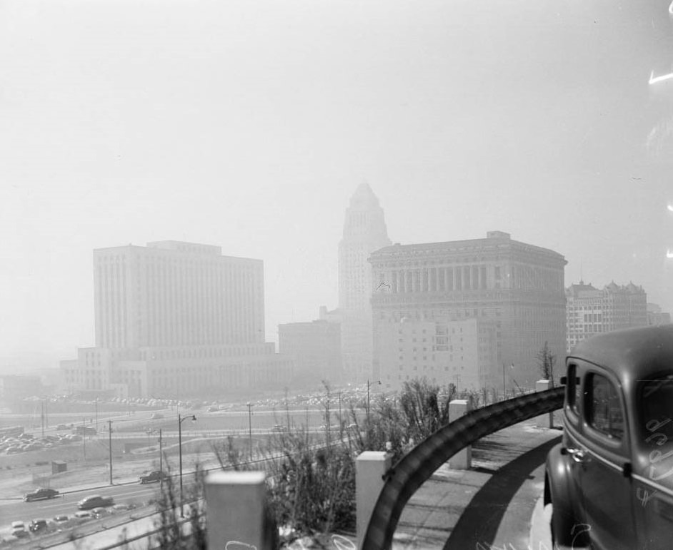 Civic Center taken from Hill Street overlooking North Broadway, Smog, 1952