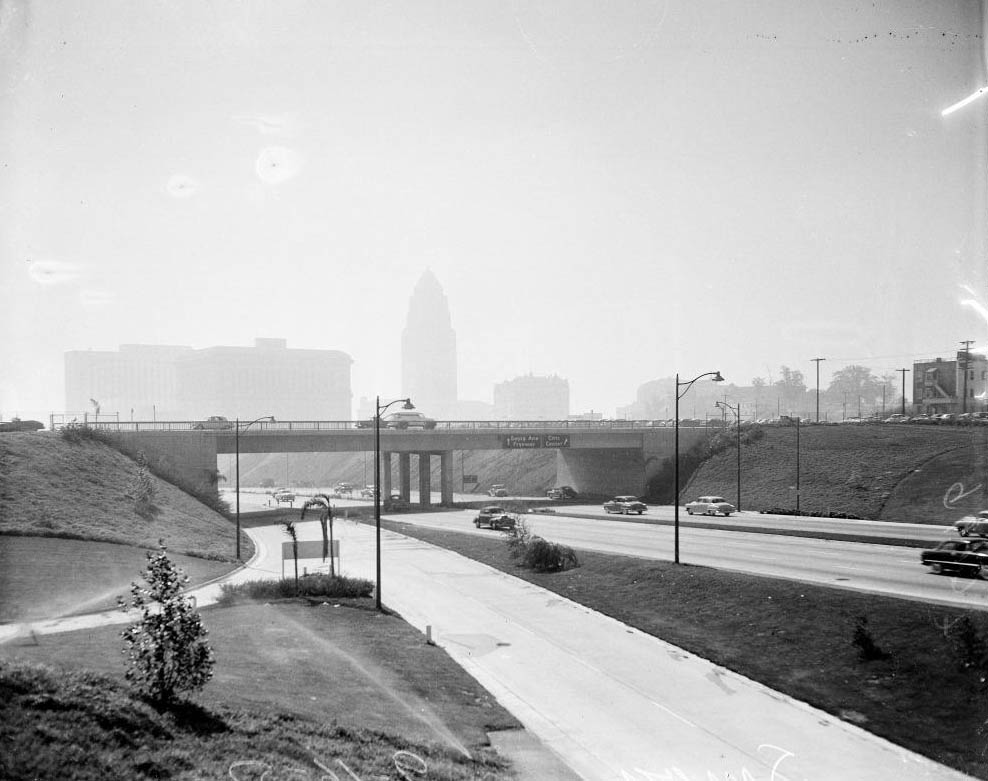 Civic Center from Hollywood Freeway, west of Grand Avenue, Smog, 1952