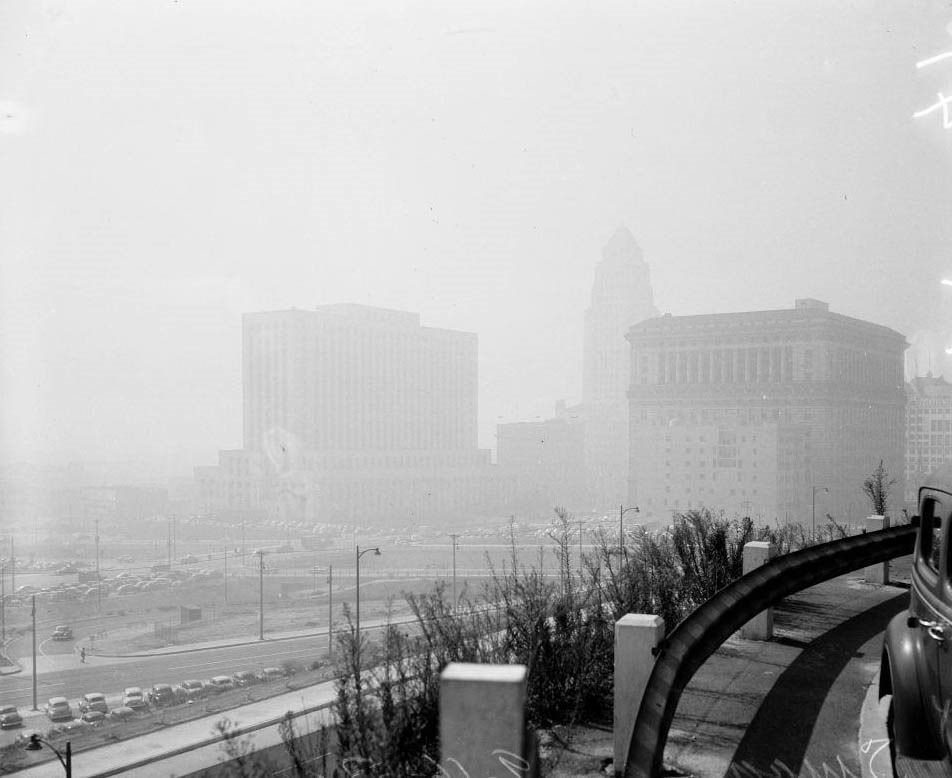 Civic Center taken from Hill Street overlooking North Broadway, Smog, 1952