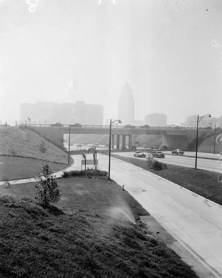 Civic Center taken from Hill Street overlooking North Broadway, Smog, 1952