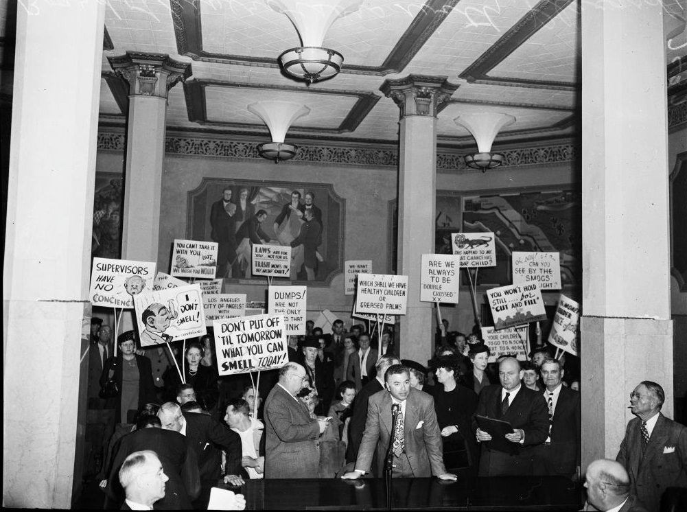 Protestants at Board of Supervisors with plackards, 1948
