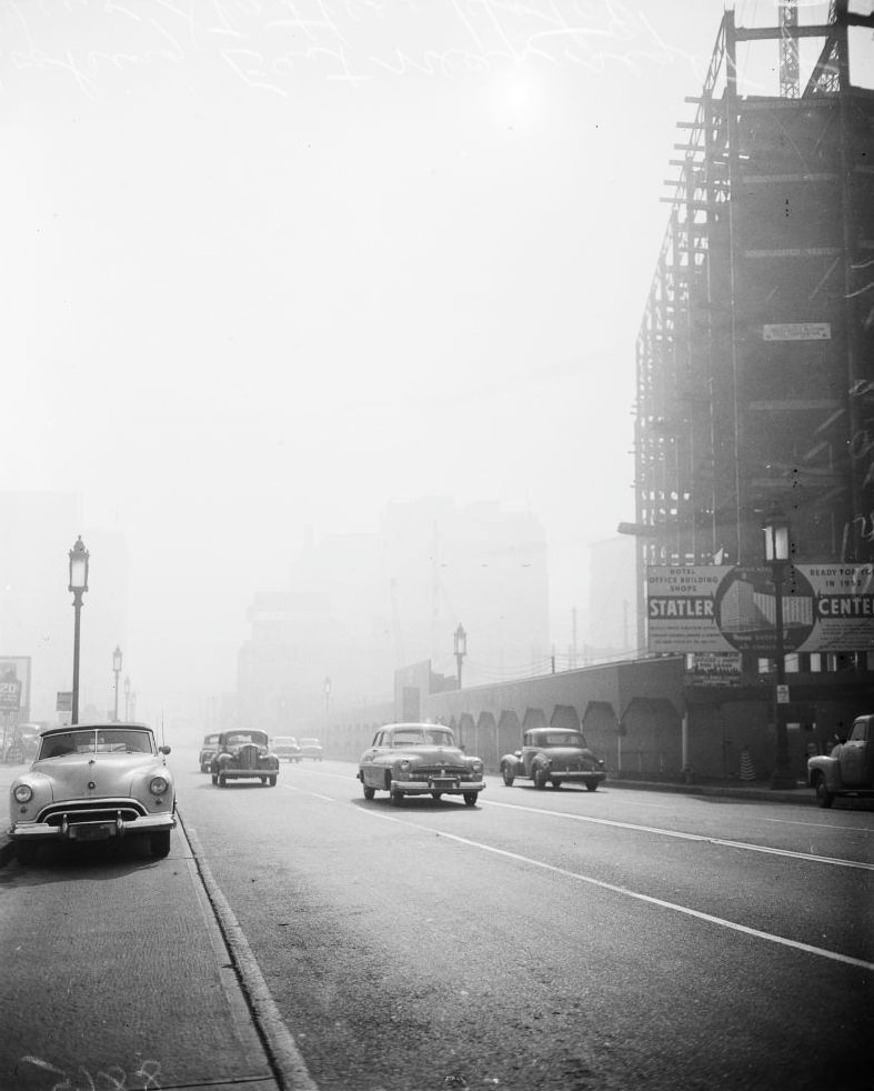 Looking east from Fifth Street and Beaudry Avenue at 8 p.m., 1950