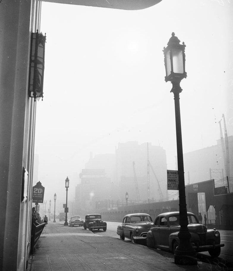 Looking east from Fifth Street and Beaudry Avenue at 8 p.m., 1950