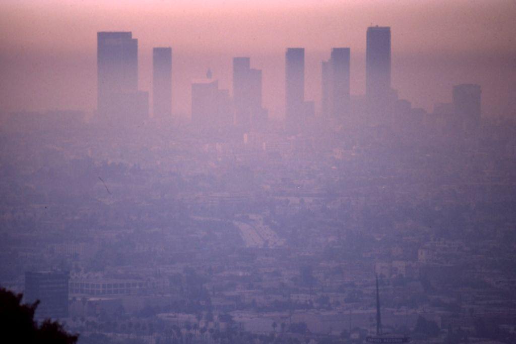 A smoggy aerial view of the cityscape and downtown skyline in January 1975 in Los Angeles, California.