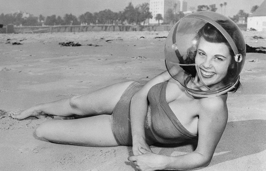 Girl wearing Smog Helmet, 1956