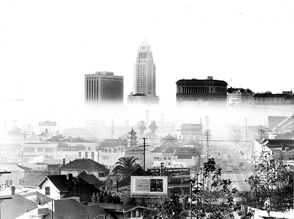 Second of a series of three pictures showing stages of smog formation in Los Angeles, California, 1940s.