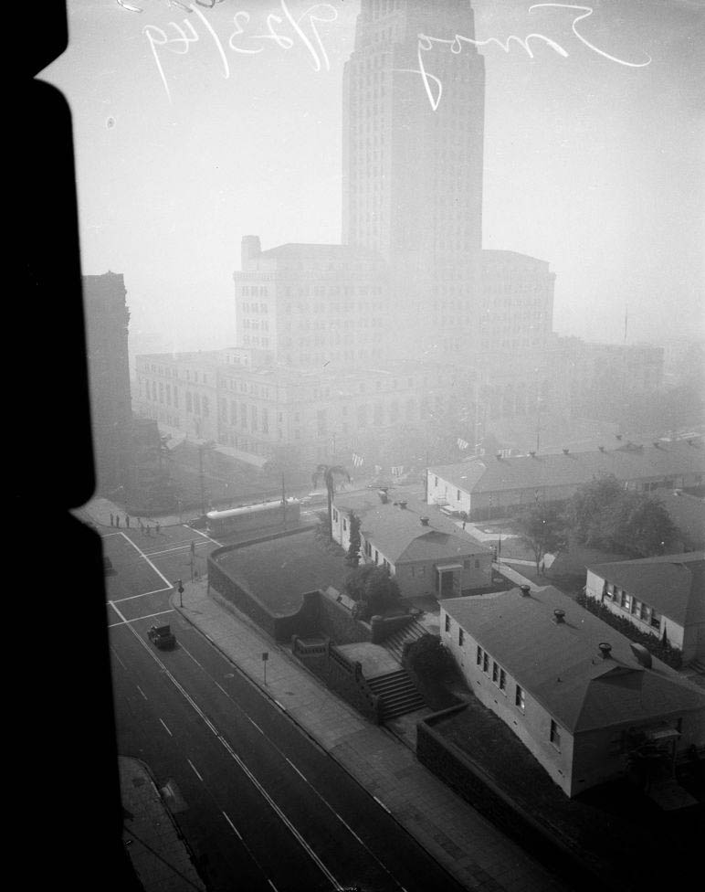 Smog east of City Hall from 25th floor, City Hall, From 8th floor, City Hall, 1949