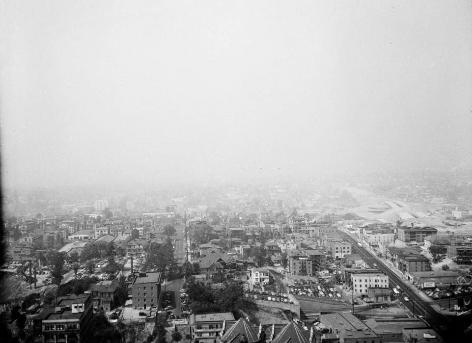 Smog east of City Hall from 25th floor, City Hall from 8th floor, 1949