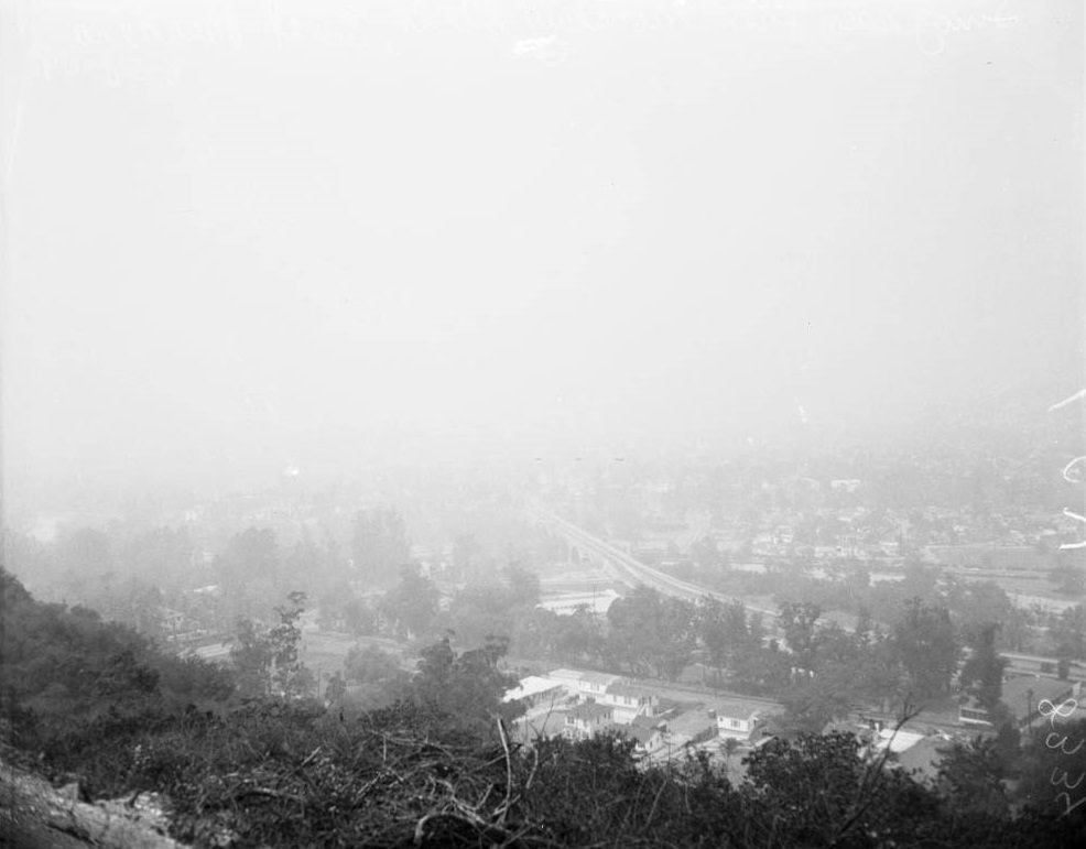 Smog from Mount Washington Drive looking southwest toward Los Angeles River and Elysian Park, 1949.