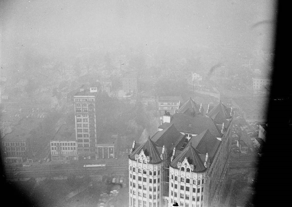 Smog from roof of Occidental Building, looking southeast, 1949