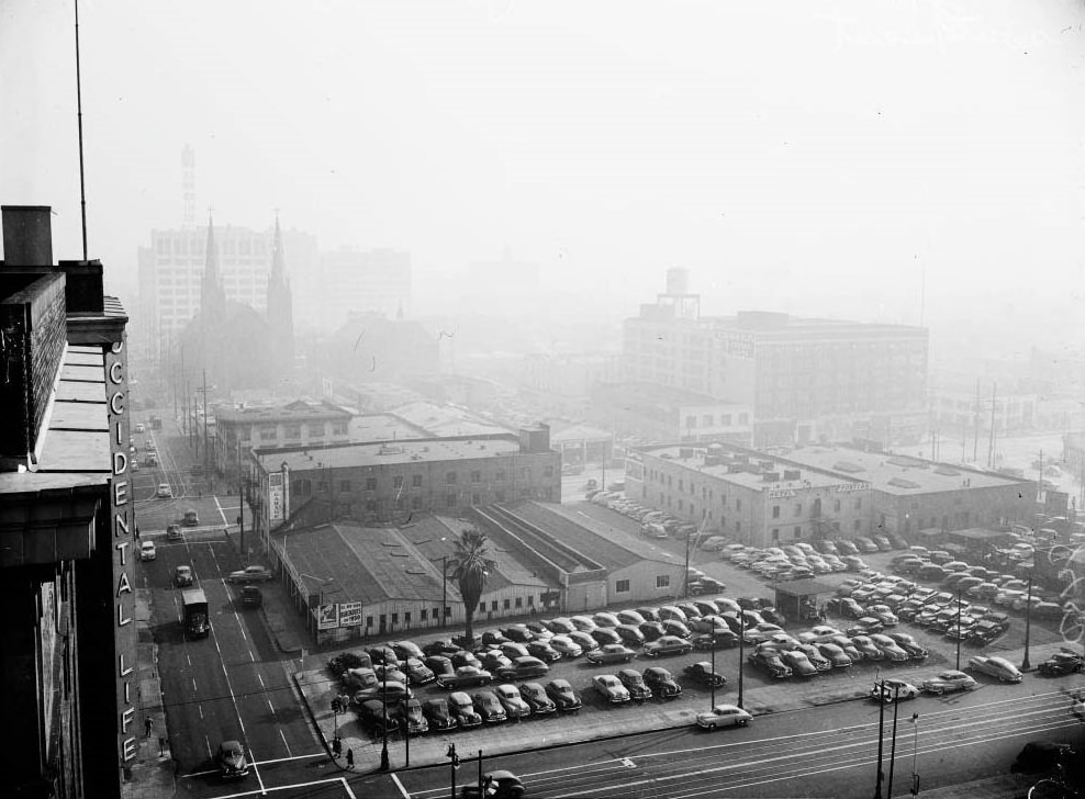 Smog from roof of Occidental Building, looking southeast, 1949