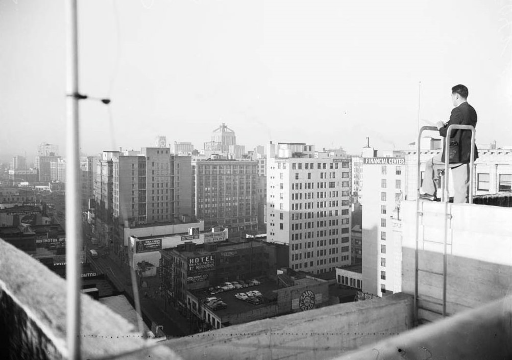 George Ichien (Air Pollution Control Inspector, atop Cecil Hotel looking for violators, 1948