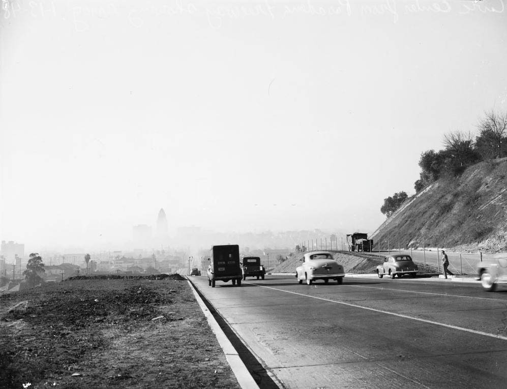 Civic Center seen from the Pasadena Freeway, showing smog, 1948