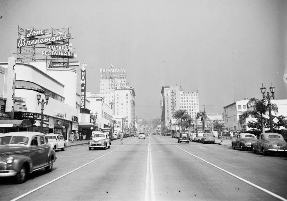 Don Lee Television Station in Hollywood Hills; Picture shot from Vine Street and Sunset Boulevard, north toward Hollywood Hills, 1948