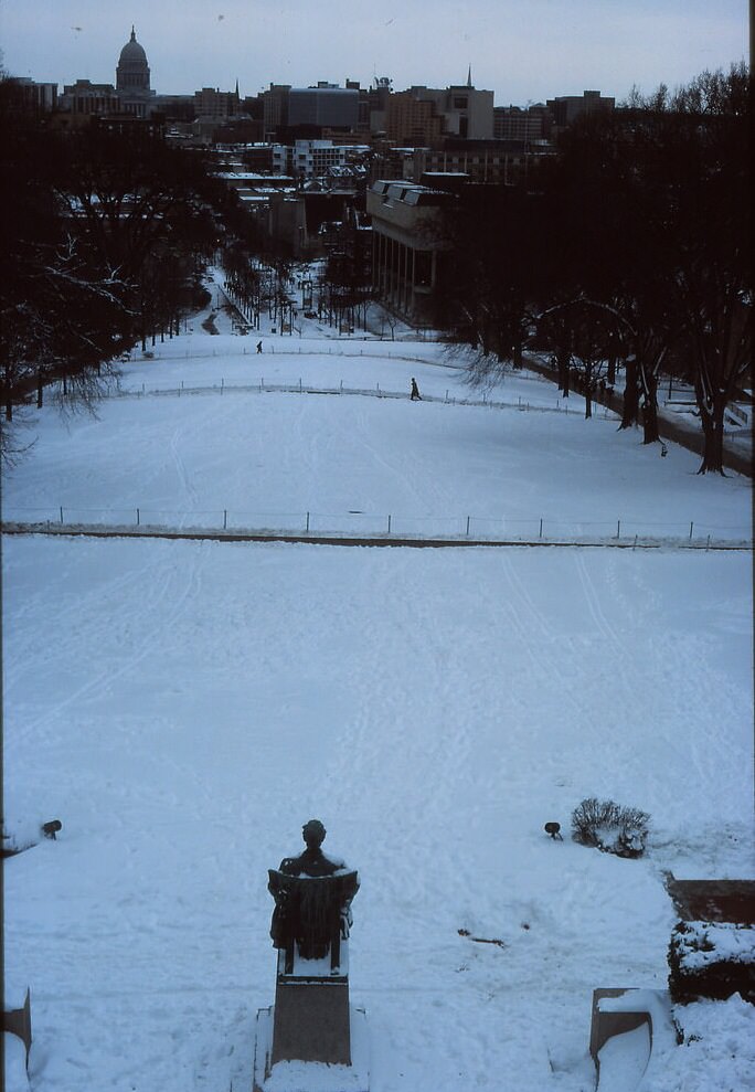 Looking from Bascom Hall down Bascom Mall to Capitol, UW Madison, 1980s.