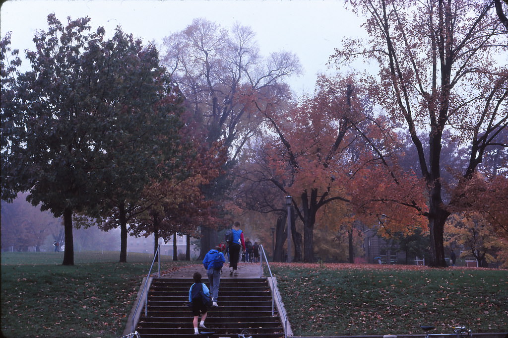 Climbing Bascom Hill on a foggy day, UW-Madison, Fall 1985