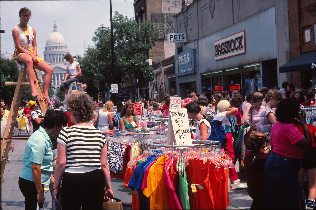 State Street during Maxwell Street Days, a major sales event in downtown Madison, 1985