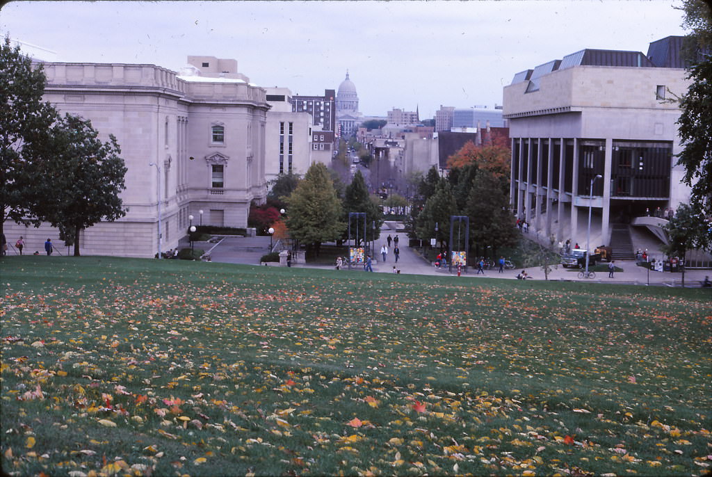 Looking down Library Mall and State Street from Bascom Hill, UW Madison 1985