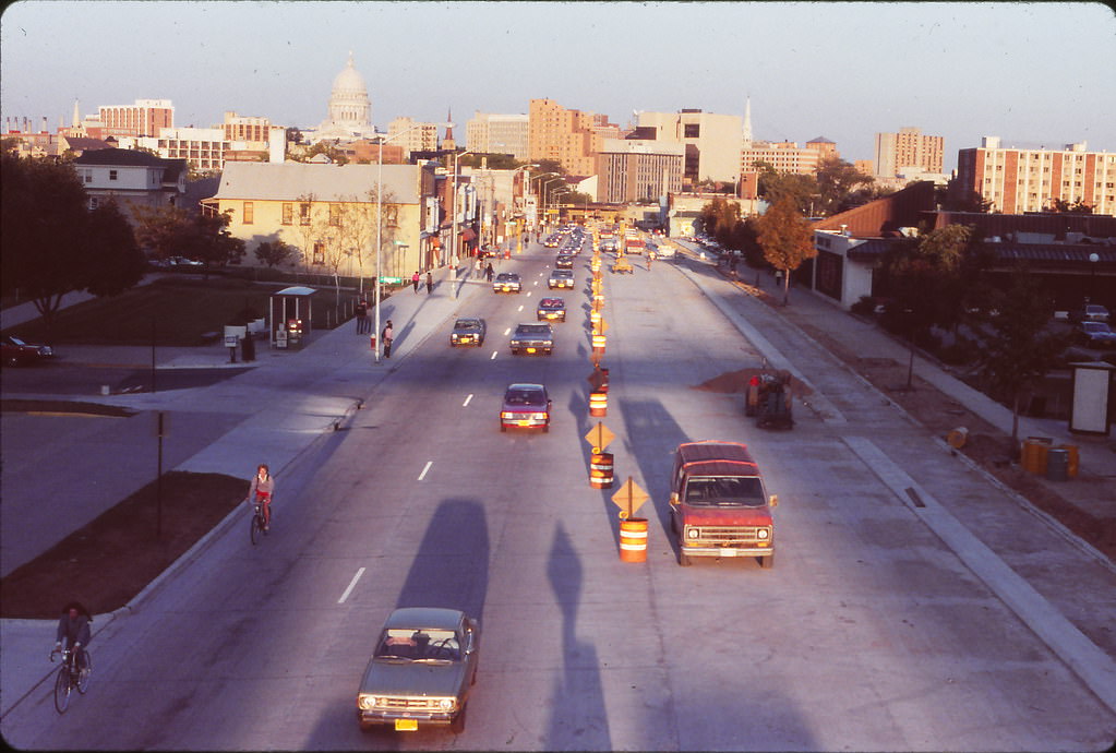 Looking along University Avenue to downtown Madison, 1980s