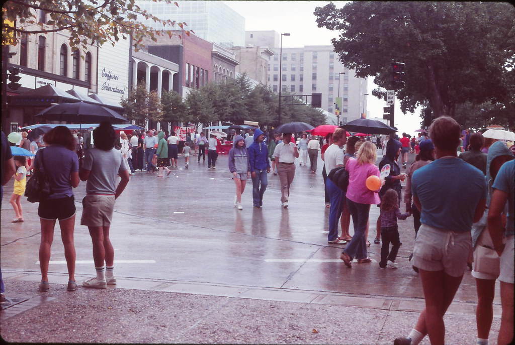 Homecoming in the rain, Capitol Square, Madison, Fall 1984